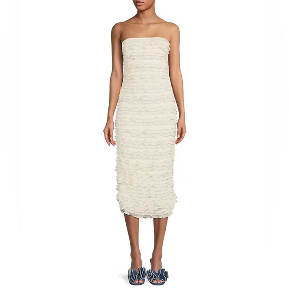 Gianni Bini x Venita Aspen Odette Plisse Pearl Trim Strapless Sheath Midi Dress